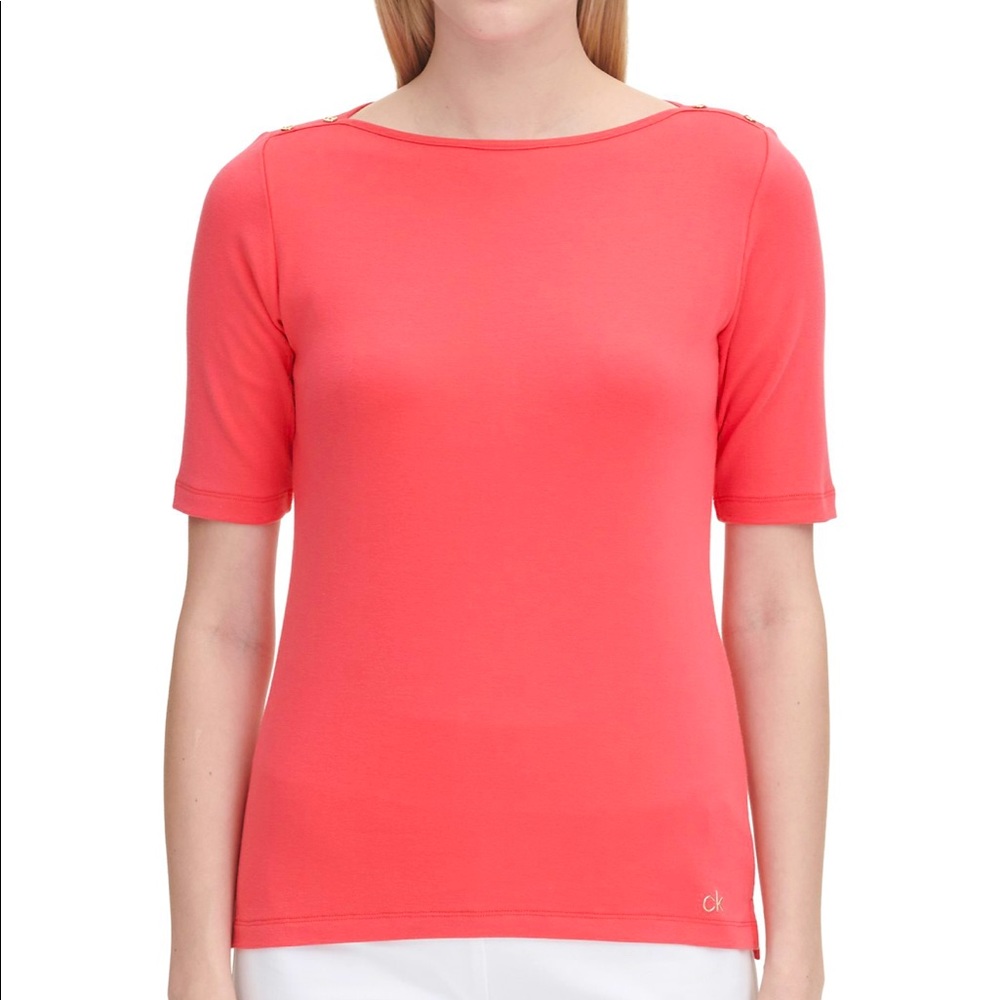 Calvin Klein Womens M Boat Neck short Sleeve Blouse Vivid Pink